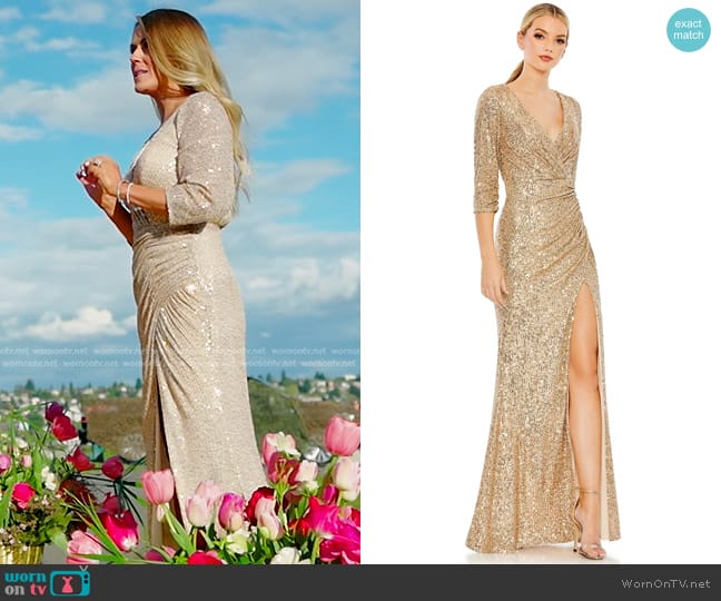 Mac Duggal Sequined Draped 3/4 Sleeve Gown worn by Trista Sutter on The Bachelorette