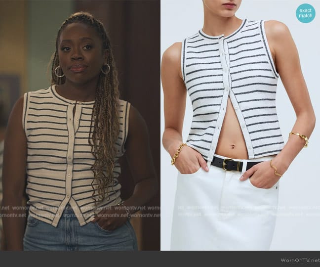 Madewell Stripe Split Crewneck Cardigan Tank worn by Yolanda (Akilah A. Walker) on Bel-Air