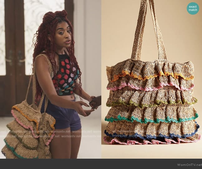 Maeve Multicolor Ruffled Straw Tote worn by Amira (Quentin and Pascual-Peña) on Bel-Air