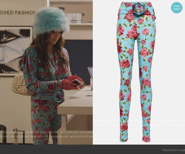 Magda Butrym Floral-appliqué printed leggings worn by Mindy Chen (Ashley Park) on Emily in Paris