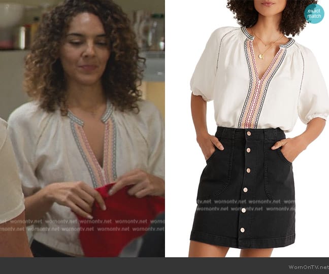 Marine Layer Bea Peasant Blouse worn by Carmen Diaz (Vanessa Rubio) on Cobra Kai