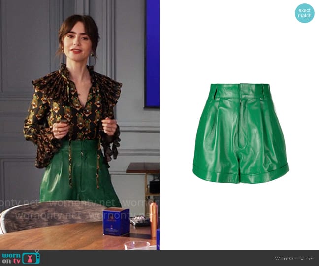 Manokhi Jett high-waisted shorts worn by Emily Cooper (Lily Collins) on Emily in Paris