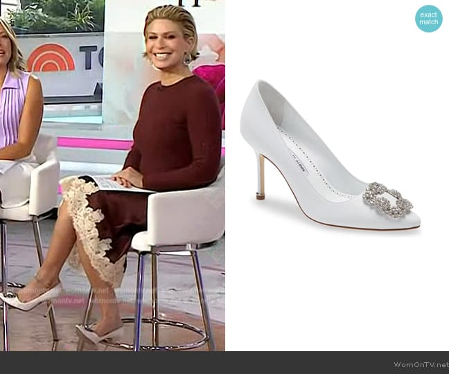 Manolo Blahnik Hangsi Satin Crystal-Buckle Pumps worn by Jill Martin on Today