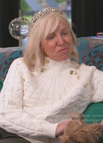 Margaret's white cableknit sweater and leather leggings on The Real Housewives of New Jersey