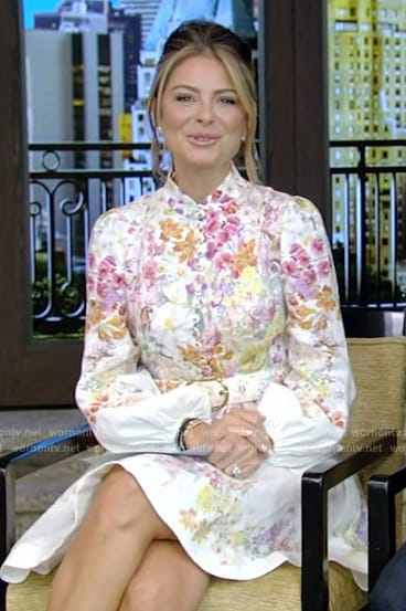 Maria Menounos's white floral print mini dress on Live with Kelly and Mark