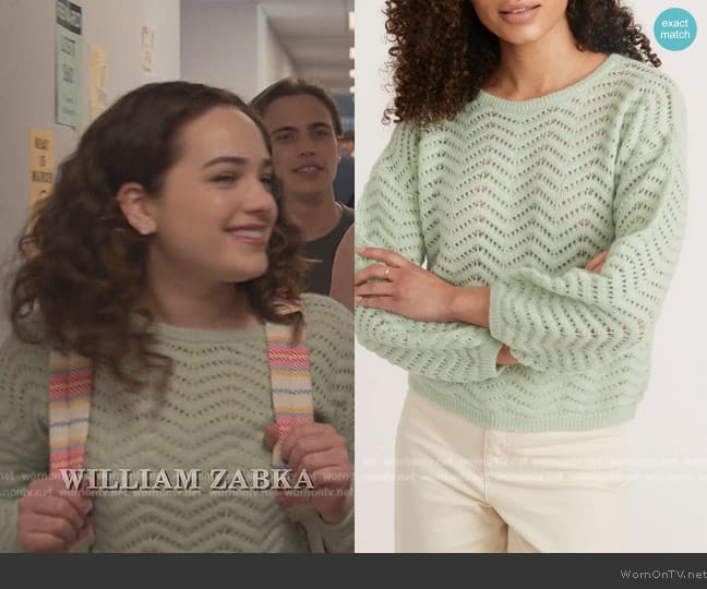 Marine Layer Ruby Pointelle Sweater worn by Samantha LaRusso (Mary Mouser) on Cobra Kai