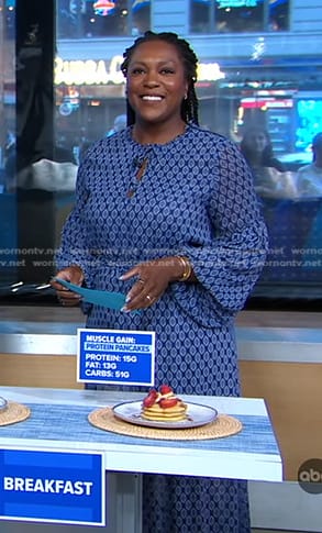 Maya Feller’s blue geometric print dress on Good Morning America