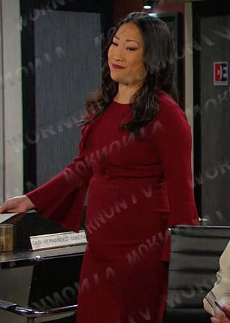 Melinda's maroon ruffle front dress on Days of our Lives