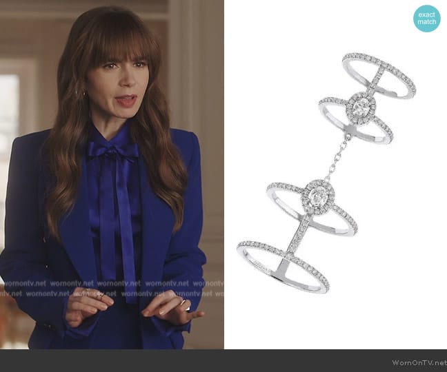 Messika 18kt white gold Glam'Azone diamond ring worn by Emily Cooper (Lily Collins) on Emily in Paris