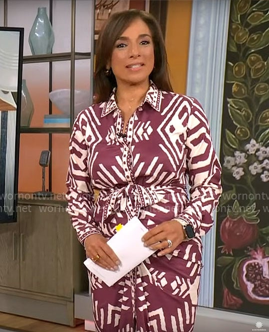 Michelle Miller's purple and white printed shirtdress on CBS Mornings