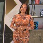 Michelle Miller’s orange printed ruched dress on CBS Mornings