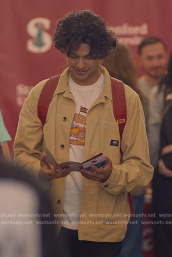 Miguel's beige jacket and hamburger print tee on Cobra Kai