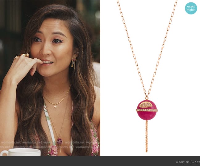 Lollipop Fuchsia Jade Regular Pendant by Mimia Leblanc worn by Mindy Chen (Ashley Park) on Emily in Paris