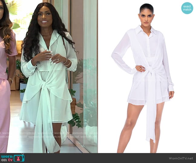 Lesa’s white tie front shirtdress on The Real Housewives of Dubai