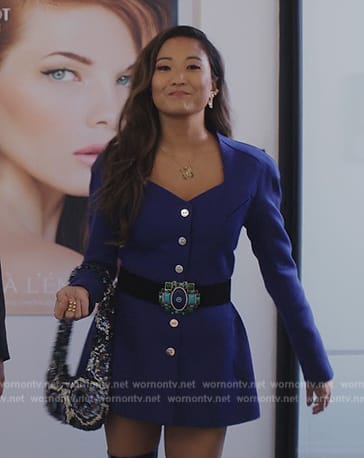 Mindy's blue button front mini dress on Emily in Paris