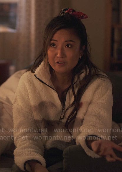 Mindy's graphic print fleece sweatshirt on Emily in Paris