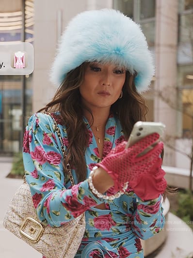 Mindy’s blue floral print top and leggings on Emily in Paris