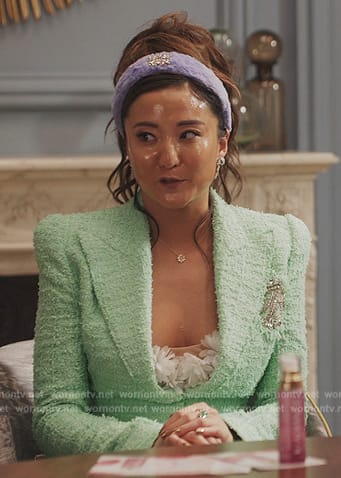 Mindy's green tweed blazer on Emily in Paris