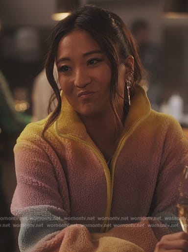 Mindy's rainbow fleece jacket on Emily in Paris