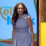 Minnie Driver’s blue sleeveless flare dress on Live with Kelly and Mark