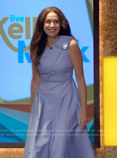 Minnie Driver's blue sleeveless flare dress on Live with Kelly and Mark