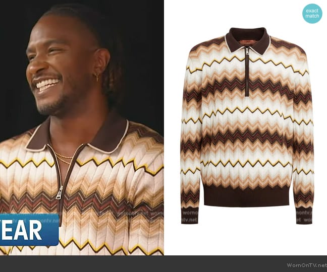 Missoni Zigzag long-sleeve polo shirt worn by Scott Evans on Access Hollywood