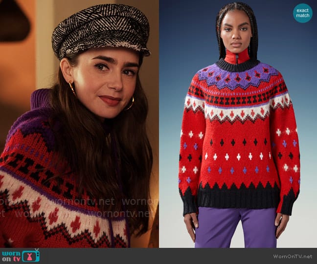 Moncler Grenoble Alpaca & Wool Jacquard Jumper in Fire Red worn by Emily Cooper (Lily Collins) on Emily in Paris