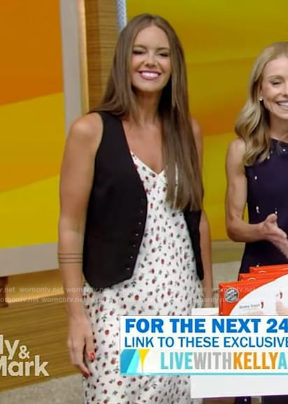 Monica Mangin's white floral print dress and vest on Live with Kelly and Mark