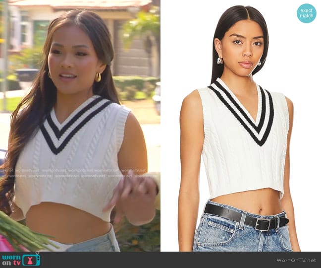 More To Come Jade Varsity Cropped Vest worn by Jenn Tran on The Bachelorette