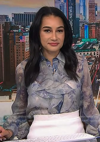 Morgan’s blue floral print ruffle front blouse on NBC News Daily