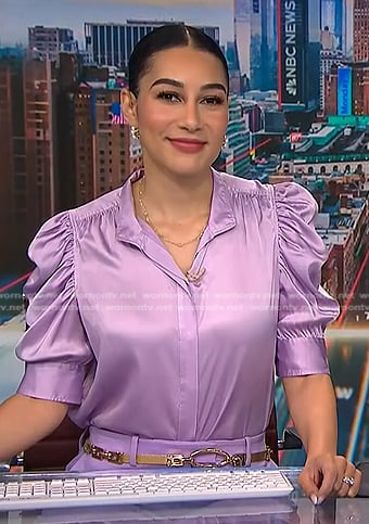 Morgan's lilac puff sleeve satin top on NBC News Daily