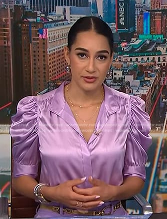 Morgan's lilac puff sleeve satin top on NBC News Daily