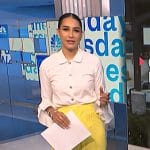 Morgan’s jewel button blouse and yellow flare pants on NBC News Daily