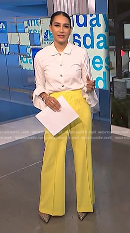 Morgan's jewel button blouse and yellow flare pants on NBC News Daily