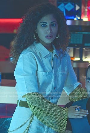 Nadia's white short sleeve denim jumpsuit on Elite