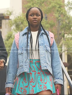 Naima's blue face embroidered skirt on Reasonable Doubt