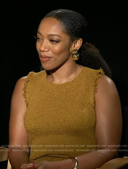 Naomi Ackie's mustard frayed sleeveless dress on Access Hollywood