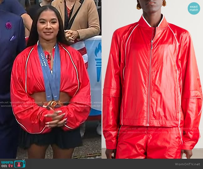 Nike x Jacquemus NRG Striped Shell Track Jacket in University Red worn by Jordan Chiles on Today