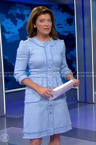 Norah's blue button front tweed dress on CBS Evening News