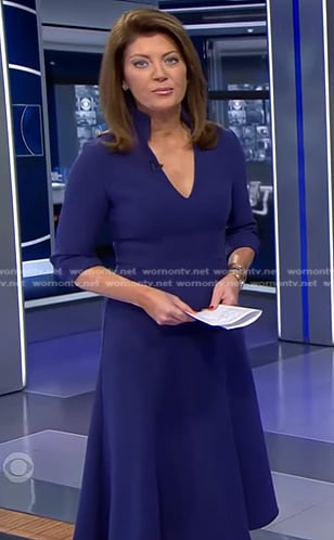 Norah's blue v-neck midi dress on CBS Evening News