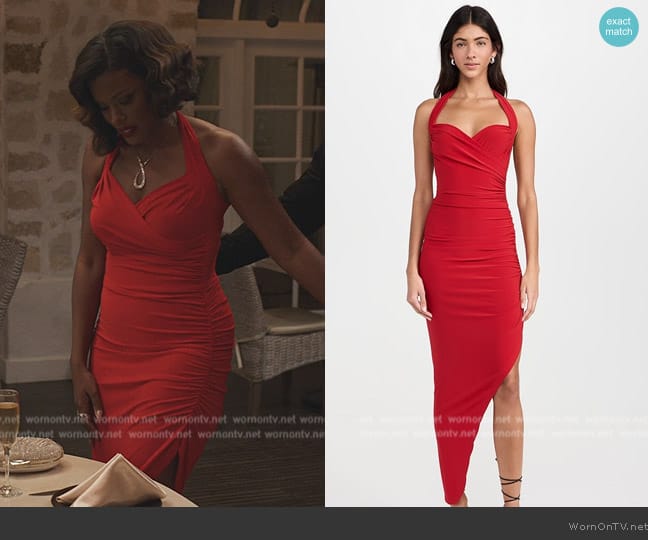 Norma Kamali Cayla halterneck ruched midi dress worn by Vivian Banks (Cassandra Freeman) on Bel-Air