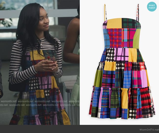 Oscar de la Renta Tiered patchwork-effect cotton-blend poplin mini dress worn by Ashley Banks (Akira Akbar) on Bel-Air