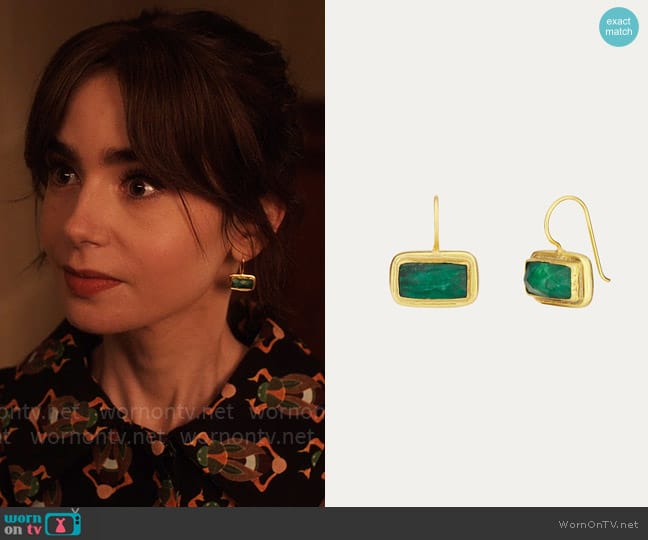 Ottoman Hands Noa Emerald Drop Earrings worn by Emily Cooper (Lily Collins) on Emily in Paris