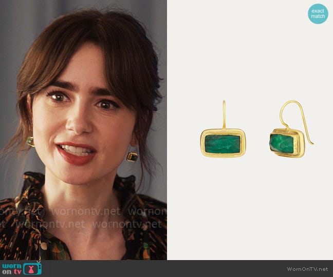 Ottoman Hands Noa Emerald Drop Earrings worn by Emily Cooper (Lily Collins) on Emily in Paris