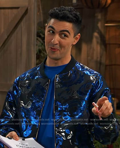 Parker's blue floral sequin bomber jacket on Bunkd