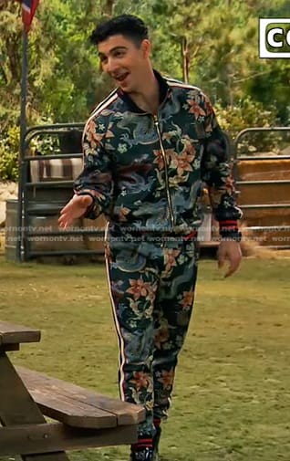 Parker's green dragon and floral print track suit on Bunkd