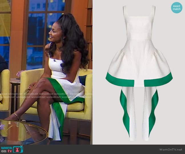 Peggy Hartanto Kabuki Dress in Crinkled White/Emerald Green worn by Emayatzy Corinealdi on Good Morning America