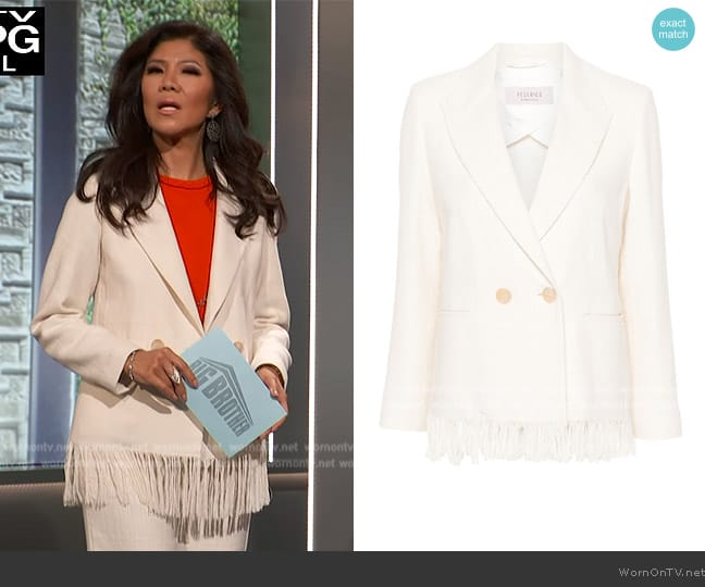 Julie’s white tweed fringe hem blazer on Big Brother