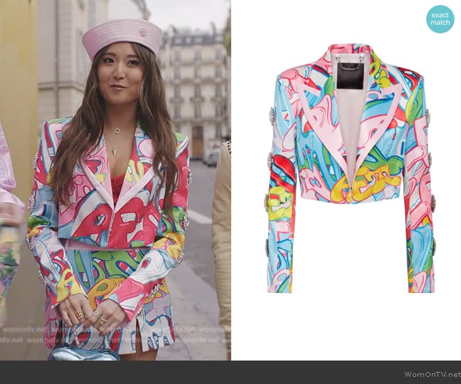 Philipp Plein Bombing Graffiti-print spencer jacket worn by Mindy Chen (Ashley Park) on Emily in Paris