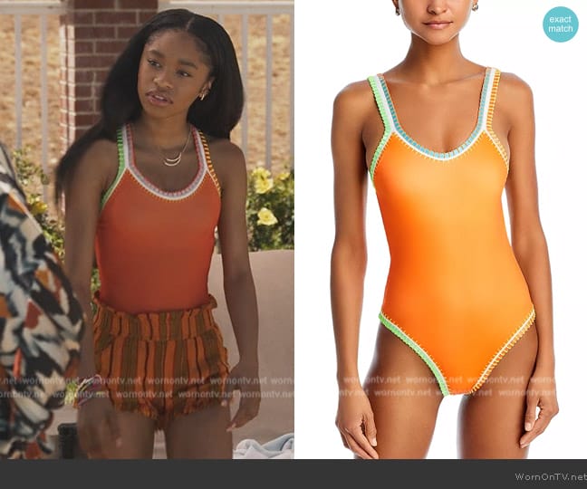 Platinum inspired by Solange Ferrarini Crochet Trim One Piece Swimsuit worn by Ashley Banks (Akira Akbar) on Bel-Air